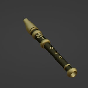 May include: A gold and black flute with a decorative design. The flute has six holes and a gold mouthpiece.