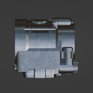May include: A silver-colored metal scope with a textured finish. The scope has a small, round, silver-colored knob on the top and a larger, round, black knob on the side.