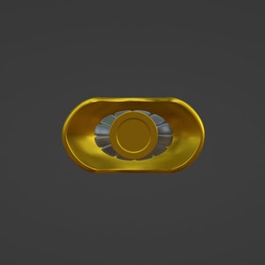 May include: A gold-coloured metal fidget spinner with a circular design in the centre. The spinner has a smooth, shiny finish.