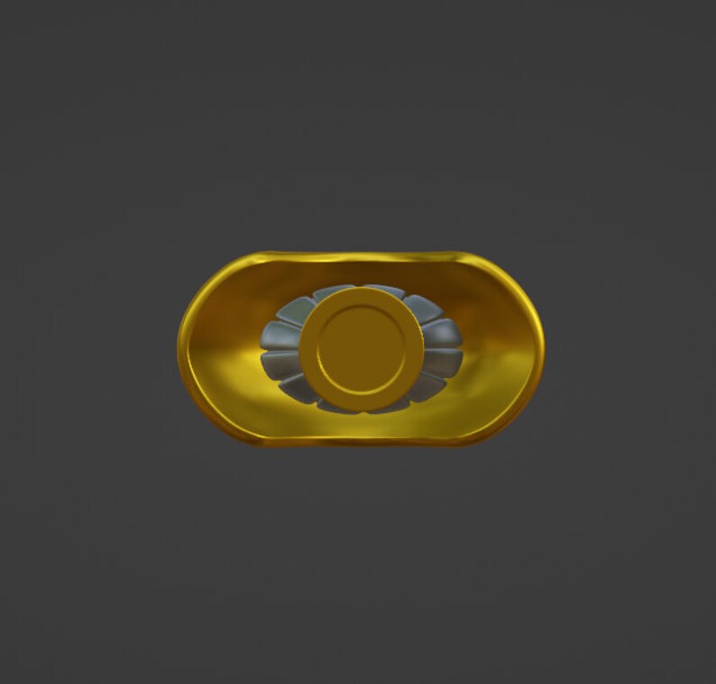 May include: A gold-coloured metal fidget spinner with a circular design in the centre. The spinner has a smooth, shiny finish.