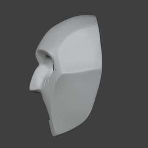 Op de afbeelding: Een wit, 3D-geprint masker met een geometrisch ontwerp. Het masker heeft een grote, open mond en een klein, open oog.