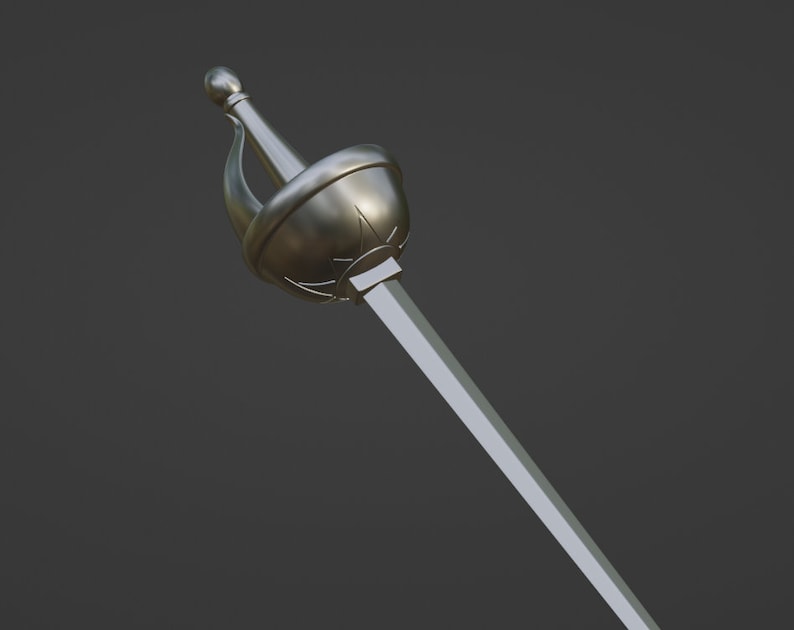May include: A silver-toned rapier sword featuring a metallic hilt with a rounded pommel and a curved hand guard. The blade is straight and tapers to a point, extending from a cup-shaped guard that displays a subtle star-like engraved pattern.
