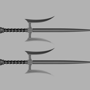 May include: A pair of matching dark gray metal sai weapons, each featuring a long central prong, two curved side prongs, and a textured handle with a pommel at the end. The design is symmetrical with a pointed tip and a solid metallic finish.