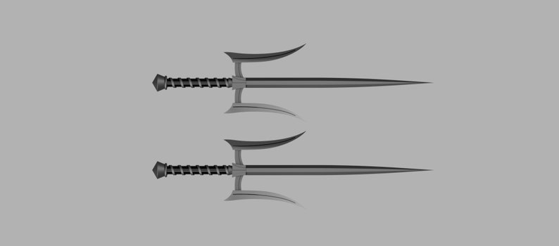 May include: A pair of matching dark gray metal sai weapons, each featuring a long central prong, two curved side prongs, and a textured handle with a pommel at the end. The design is symmetrical with a pointed tip and a solid metallic finish.