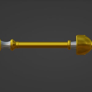 May include: A gold curtain rod with decorative finials. The rod is made of metal and has a polished finish.