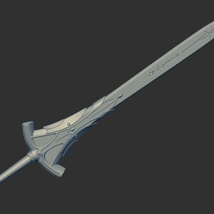 May include: A silver sword with a detailed, ornate design on the blade and hilt. The sword has a sharp point and a crossguard.