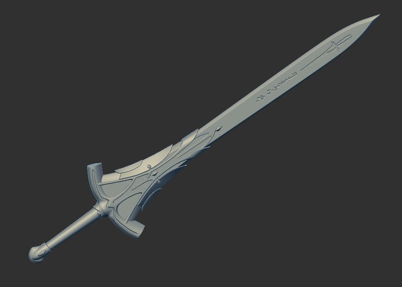 May include: A silver sword with a detailed, ornate design on the blade and hilt. The sword has a sharp point and a crossguard.