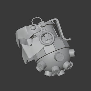May include: A gray 3D model of a grenade with a textured surface and a ring pull. The grenade has a round body with multiple small protrusions.