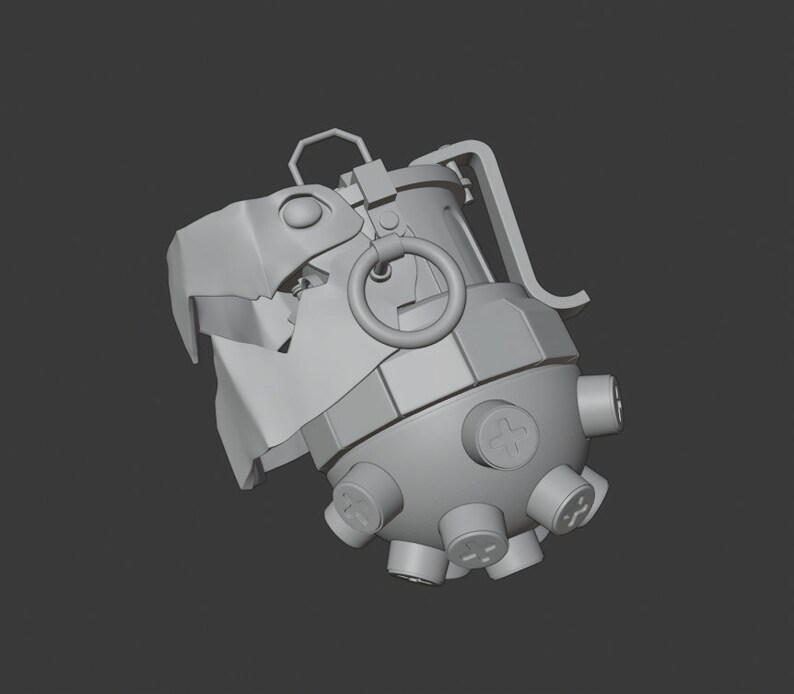 May include: A gray 3D model of a grenade with a textured surface and a ring pull. The grenade has a round body with multiple small protrusions.