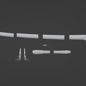 May include: A light grey, disassembled sword kit featuring a long blade divided into four distinct segments, a two-part handle with a textured grip, two separate guard pieces, and a small, pointed pommel component arranged on a dark background.