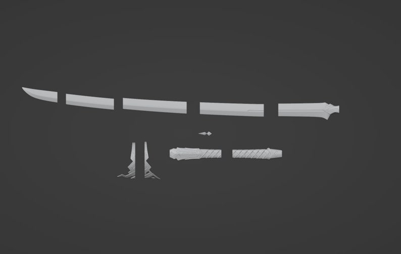 May include: A light grey, disassembled sword kit featuring a long blade divided into four distinct segments, a two-part handle with a textured grip, two separate guard pieces, and a small, pointed pommel component arranged on a dark background.
