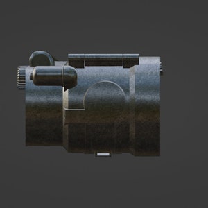 May include: A black metal scope with a textured finish. The scope has a small, round window on the side and a small, black knob on the top.