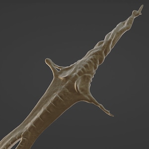 May include: A 3D printed model of a twisted, organic-looking sword. The sword is made of a light brown material and has a sharp point.