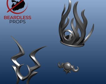 May include: Three gray, three-dimensional props featuring sharp, curved, flame-like points. One piece is a tall, circular crown-like structure, another is a symmetrical pointed emblem, and the third is a small, circular-centered ornament.