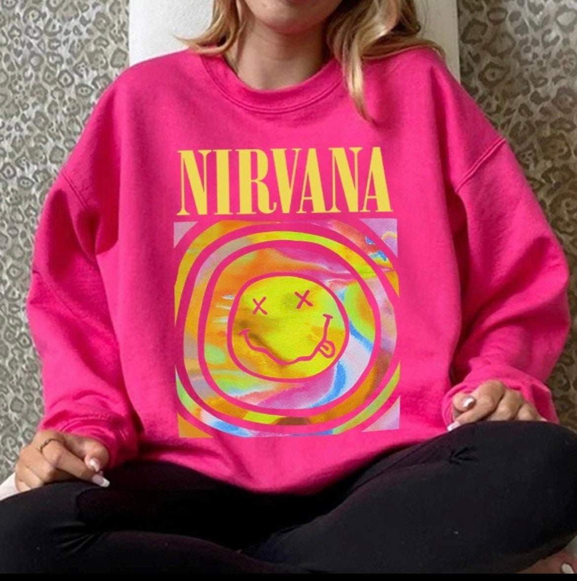 Heliconia Pink Color, Nirvana Sweatshirt, Nirvana Smile Face Crewneck ...