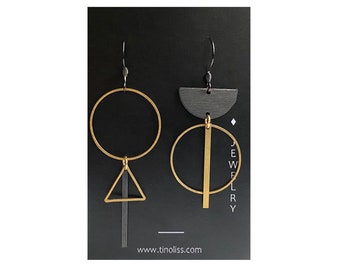 Earrings CIRCA // Stainless steel | Black / Gold | Extraordinary | Geometric / Asymmetrical / Unequal | Dangle | Jewelry | Gift