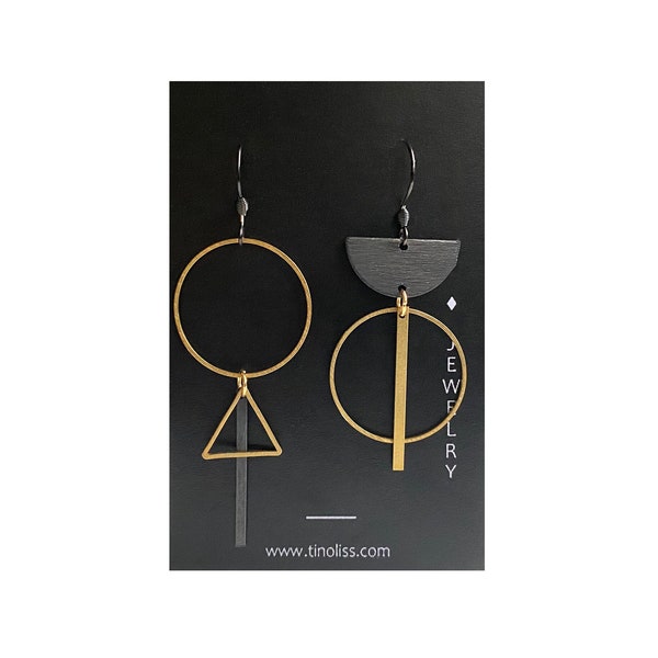 Earrings CIRCA // Stainless steel | Black / Gold | Extraordinary | Geometric / Asymmetrical / Unequal | Dangle | Jewelry | Gift