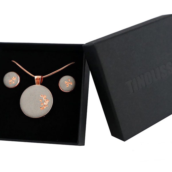 SET // Concrete jewelry design // Necklace and earrings | Stainless steel * 18K rose gold | Gray * Copper | Concrete | Gift set | Round pendant | case