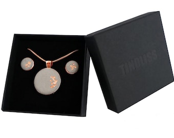 SET // Concrete jewelry design // Necklace and earrings | Stainless steel * 18K rose gold | Gray * Copper | Concrete | Gift set | Round pendant | case