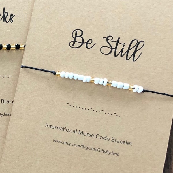 Be still, Inspirational Morse Code Bracelet, Bible verse bracelet, Dainty Word Bracelet, Gold Beaded Bracelet; Religious word Bracelet