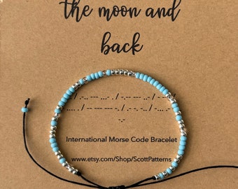 Morse Code Bracelet: Baby Blue Silver Seed Bead 'I Love You'