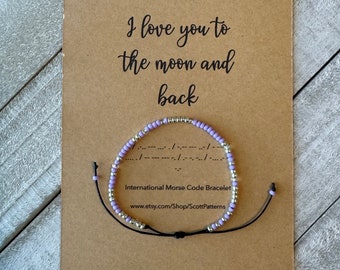 Pulsera de código Morse: cuentas de semillas de color lila y plata, «Te amo»