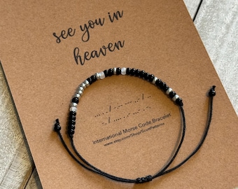 Pulsera "Nos vemos en el cielo", pulsera de código Morse, regalo de apoyo para el duelo, en memoria de, pulseras de cuentas negras