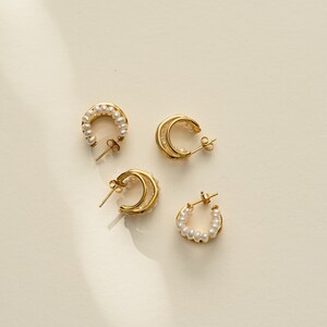 Triple Hoop Pearl Earrings,Ear Huggies,Pearl Earrings,Hoop Earrings,Everyday Earrings,Gold Vermeil,Pearl Earrings,Handmade,Birthday Gift image 7