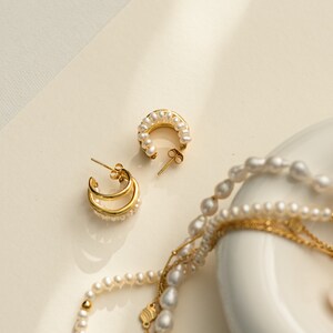Triple Hoop Pearl Earrings,Ear Huggies,Pearl Earrings,Hoop Earrings,Everyday Earrings,Gold Vermeil,Pearl Earrings,Handmade,Birthday Gift image 6