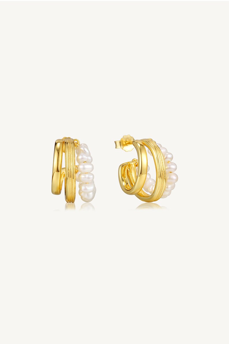 Triple Hoop Pearl Earrings,Ear Huggies,Pearl Earrings,Hoop Earrings,Everyday Earrings,Gold Vermeil,Pearl Earrings,Handmade,Birthday Gift image 2