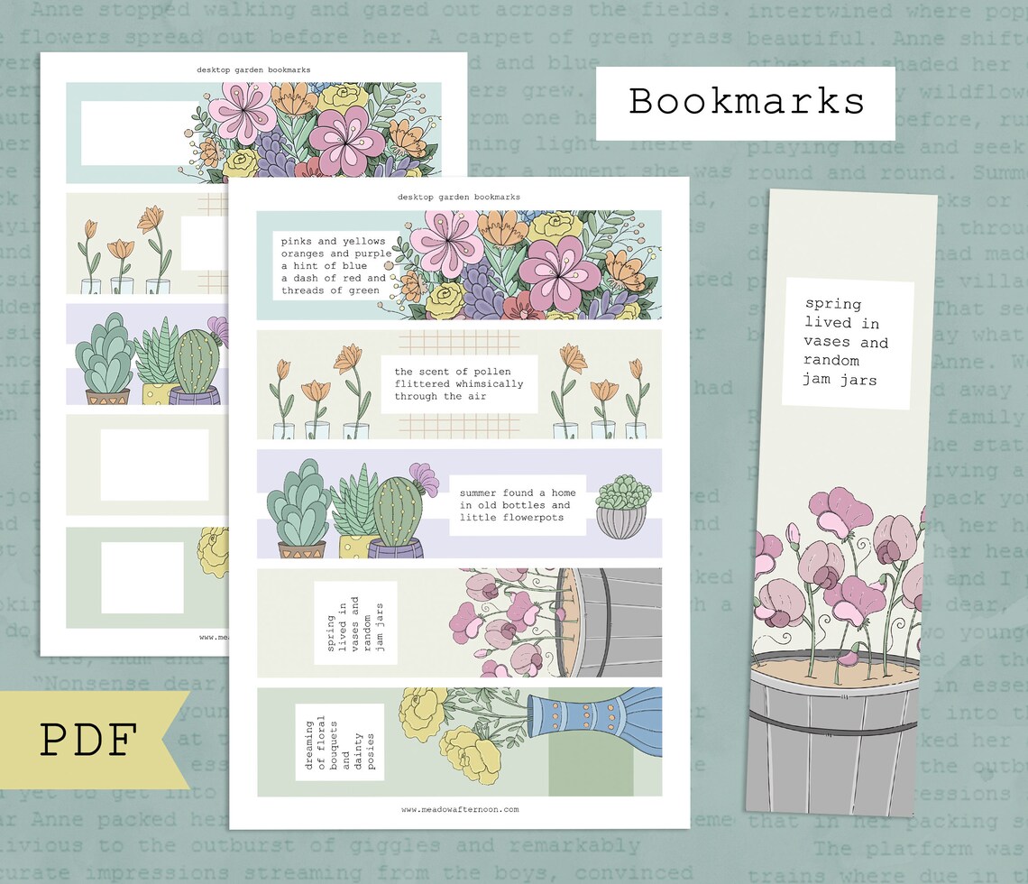 Bookmarks Printable PDF Desktop Garden Stationery Floral | Etsy