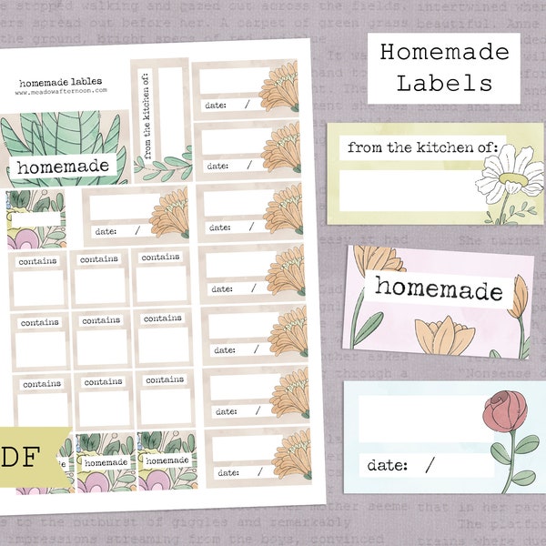 Homemade Labels Printable - Jam & Canning Labels, Marmalade Labels - Cottagecore Labels - Homemaking Printable - Meadow Afternoon