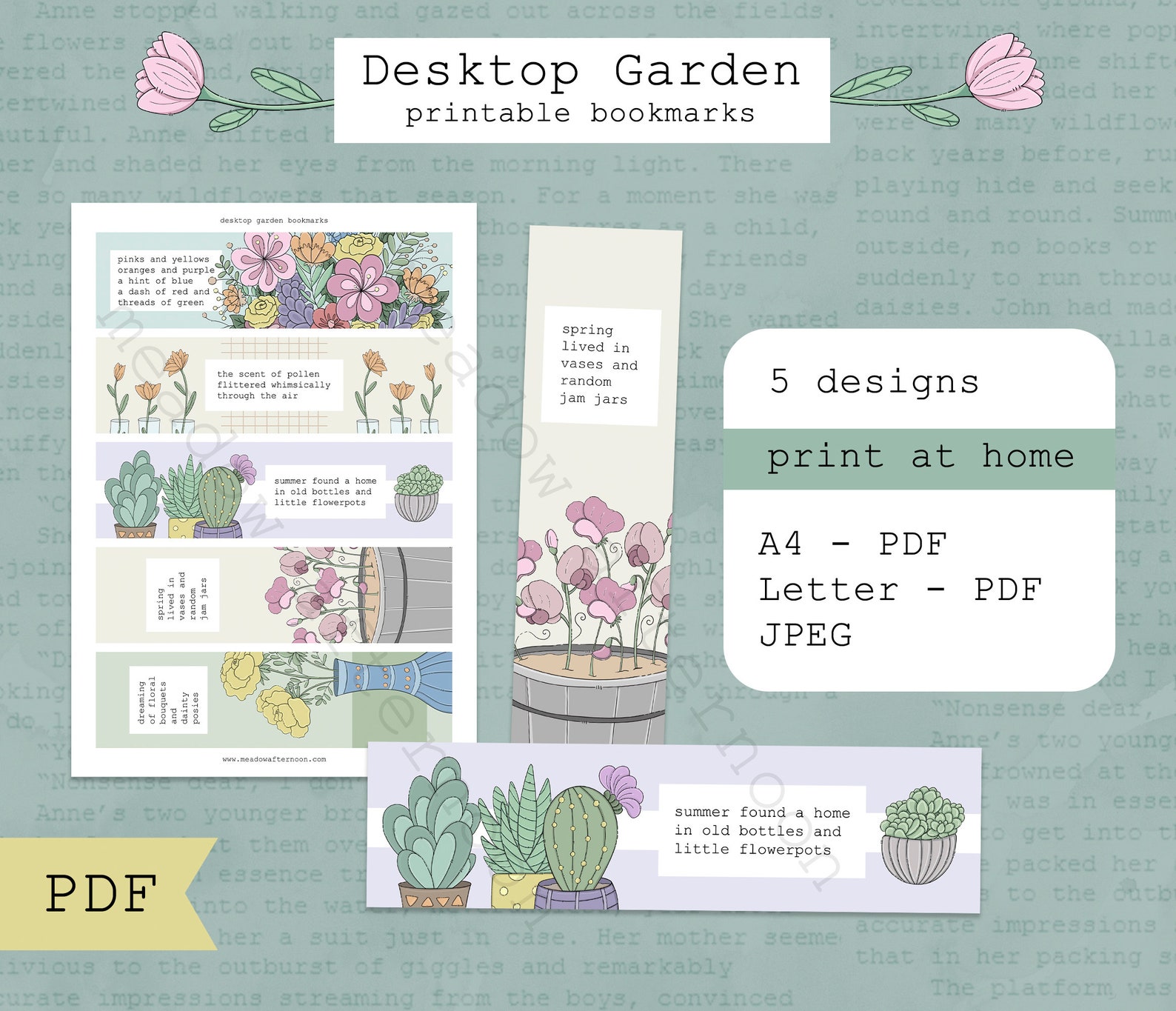 Bookmarks Printable PDF Desktop Garden Stationery Floral | Etsy