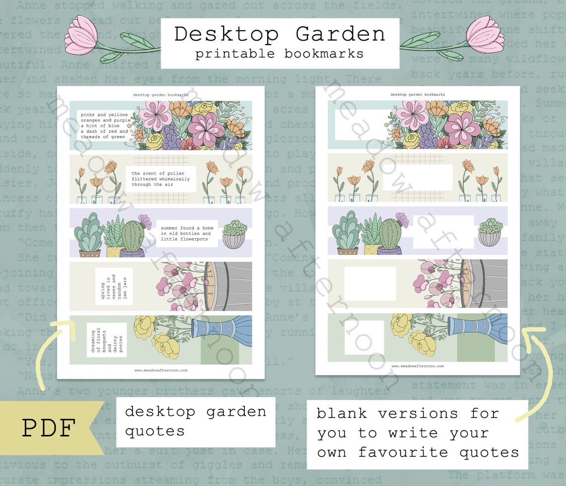 Bookmarks Printable PDF Desktop Garden Stationery Floral | Etsy