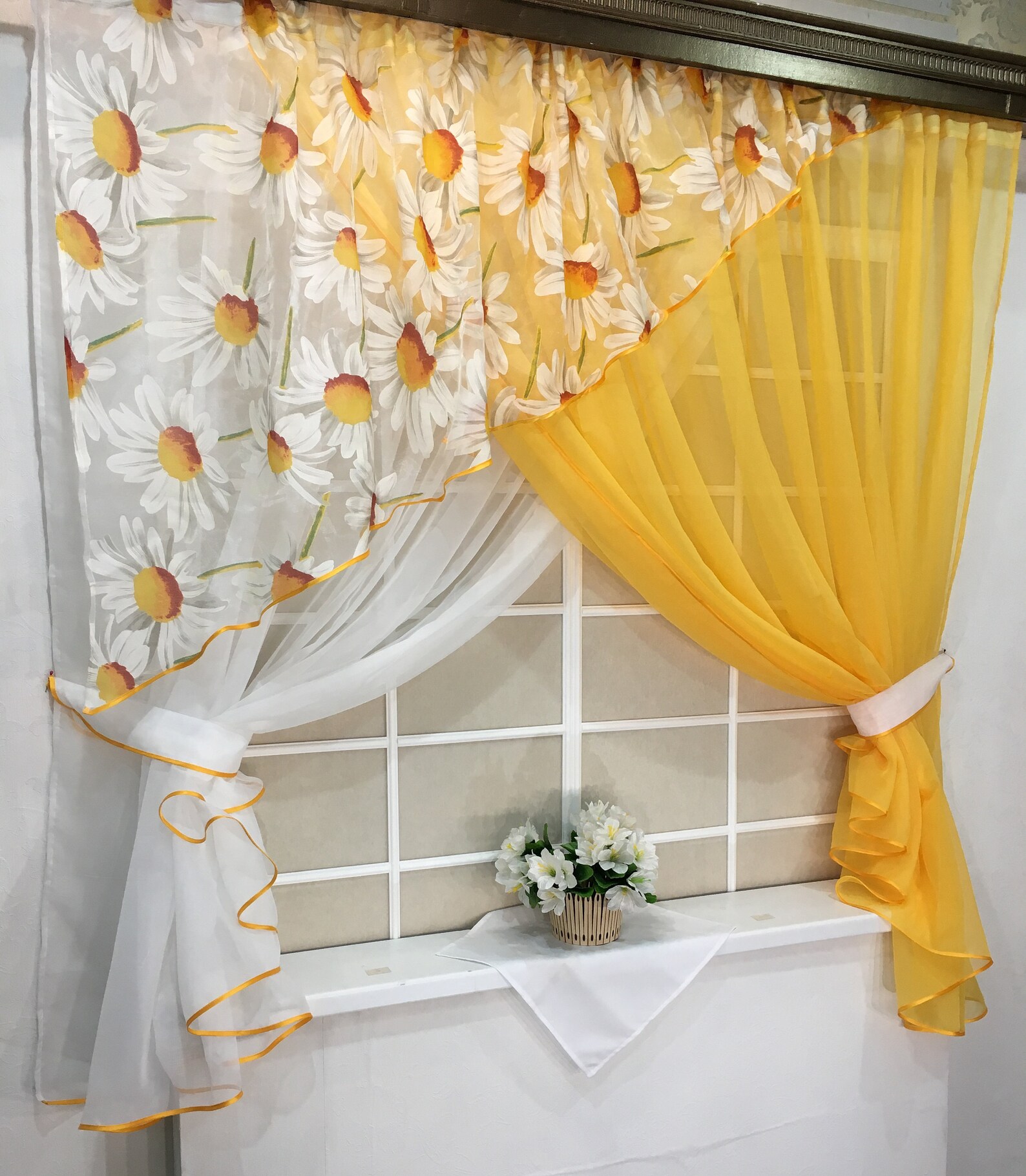 Floral Country Curtains Kitchen Curtains Farmhouse Yellow White Net