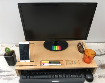 Monitor Riser Desk Organizer Wood Monitor Stand Computer Etsy