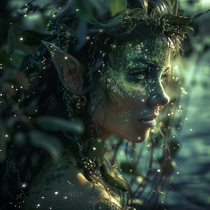 Może przedstawiać: Zbliżenie na kobietę z zielonym i srebrnym brokatowym makijażem, noszącą koronę z liści i spiczaste ucho. Ma delikatny, eteryczny wygląd, z zamkniętymi oczami i lekko pochyloną głową. Tło jest rozmyte i nieostre, z miękką, zieloną poświatą.