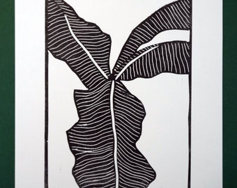 Poster #Bananier 1, linocut of leaves, A4 format on 200 g paper, unique print, original work of art