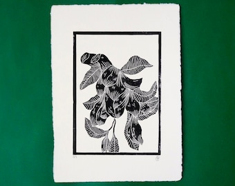 #Fuschia poster, frameless linocut, format 21 cm x 30 cm on fringed ivory paper 250 g, original work of art, unique print