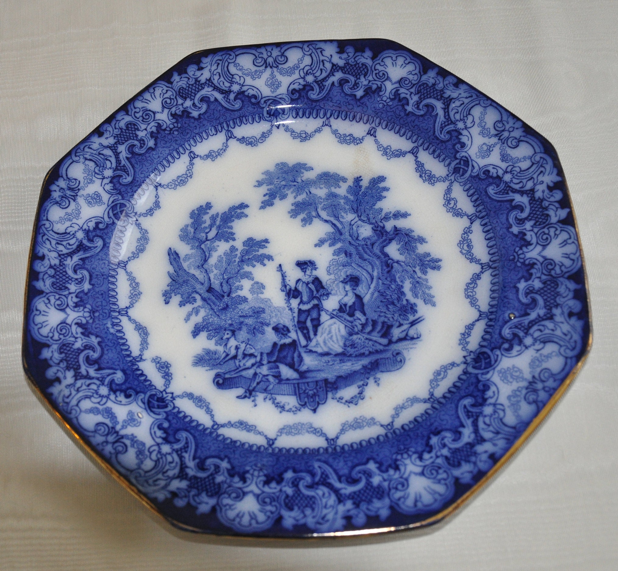 Antique WATTEAU DOULTON Octagonal Plate Blue and White 9.5