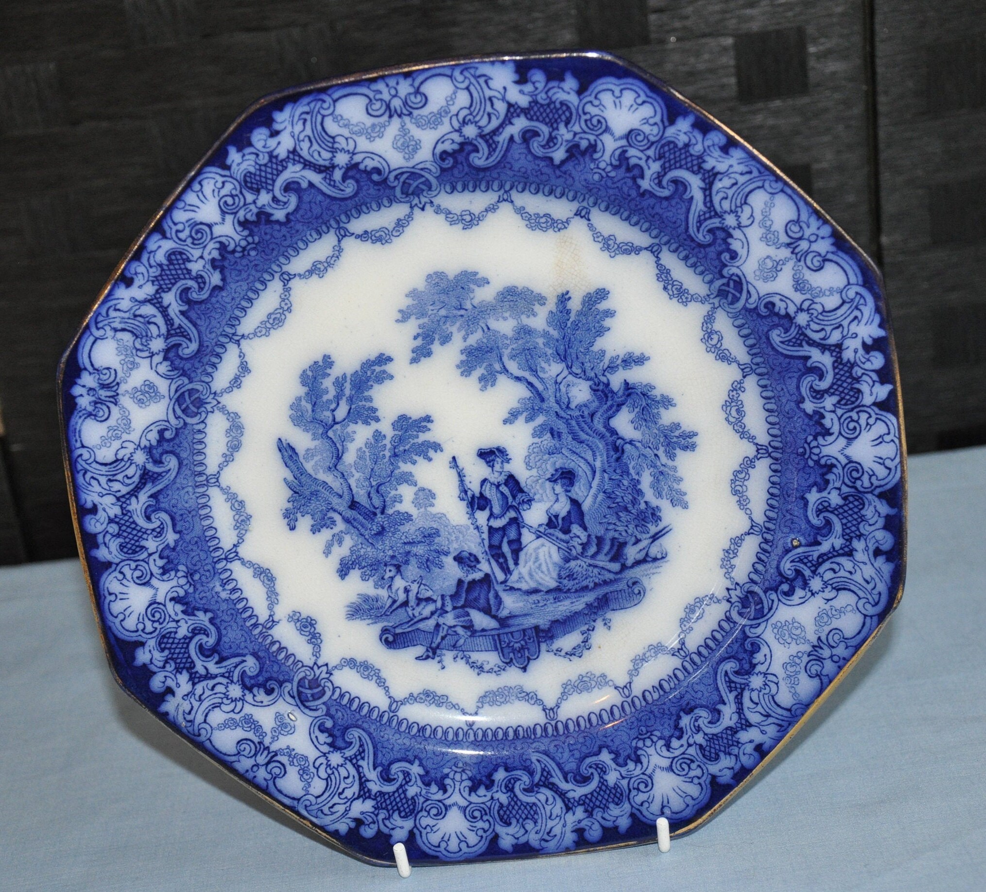 Antique WATTEAU DOULTON Octagonal Plate Blue and White 9.5