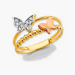 Anello a farfalla tricolore in oro massiccio 14 carati, anello a doppia fascia a farfalla con zirconi cubici.