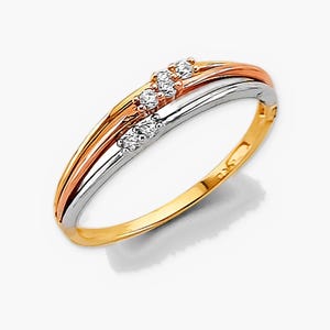 Anello a doppia fascia in oro massiccio 14 carati con zirconi tricolore, anello impilabile in oro rosa e bianco.