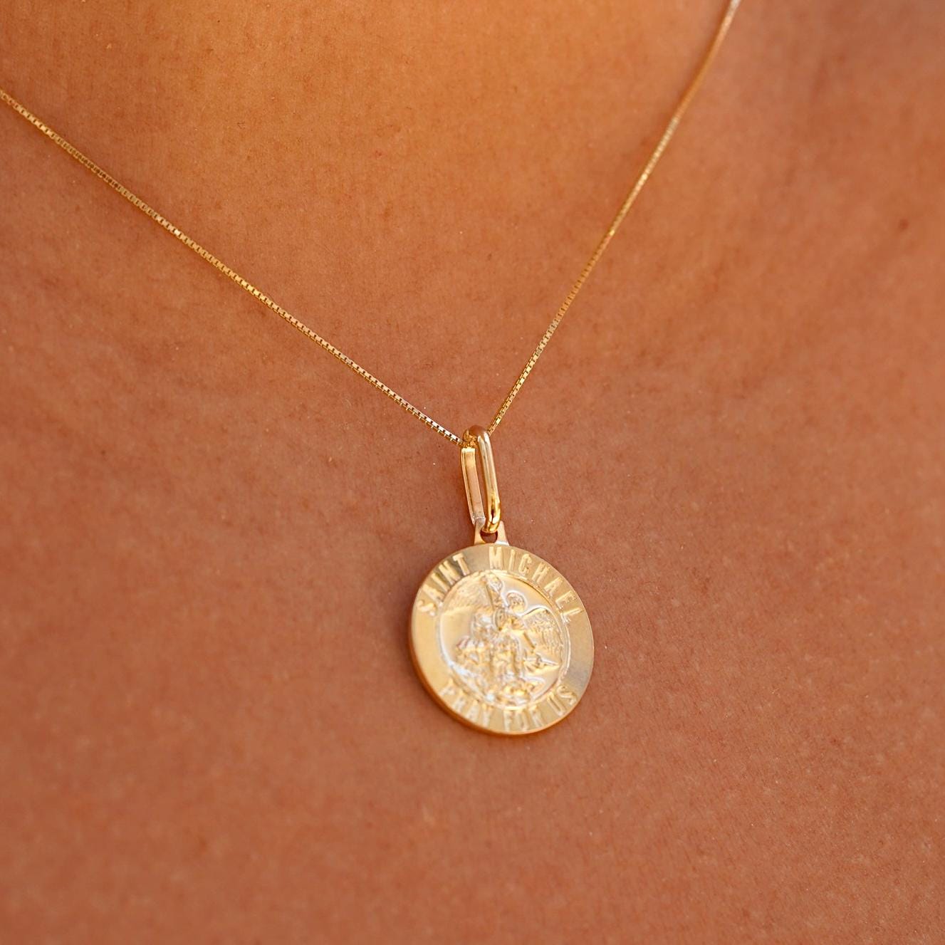 TGDJ 14k Gold Saint Michael Medal Pendant - Yellow Or White Gold, Religious Charm Necklace