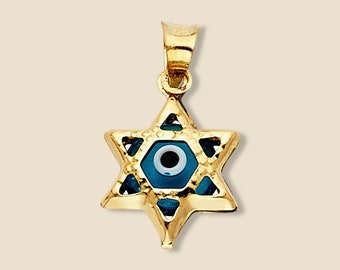 14k massief gouden boze oog Davidster bedelhanger | Sierlijke gouden hanger boze oog van Tehrani Jewelry