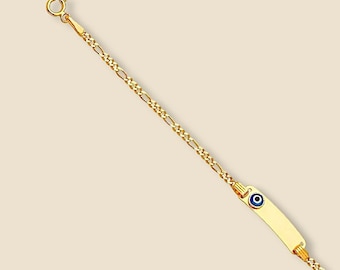 14K gouden baby-ID-armband met boze oog | 6-inch gepersonaliseerde babyarmband | Echt geelgouden newbornsieraden | Fijne sieraden van Teherani