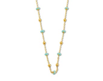 May include: A delicate gold necklace with alternating turquoise oval beads and small gold round beads. The necklace is displayed against a white background.