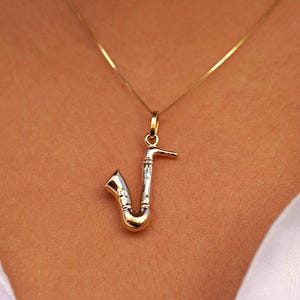 Solid 10k Yellow Gold Saxophone Charm Pendant - 3D Music Instrument Necklace, Made In USA