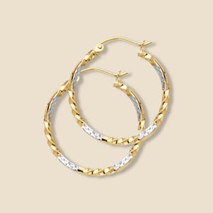 14K Gold Two-Tone Curled Hoop Earrings | Elegant Lightweight Hoops | Available in Two Sizes