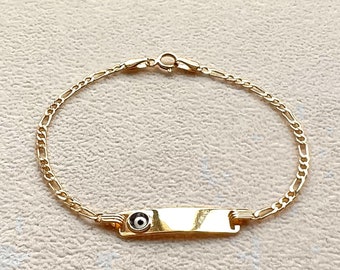 14K Solid Gold Baby ID Bracelet w/Evil Eye - 6” | Engravable  Solid Gold Baby Bracelet | Ideal kids gift |